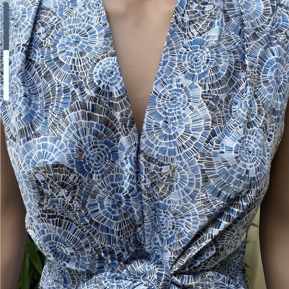 DAVID LAWRENCE Blue Cotton Printed Tie Front Sleeveless Midi Dress - Picture 8 of 14